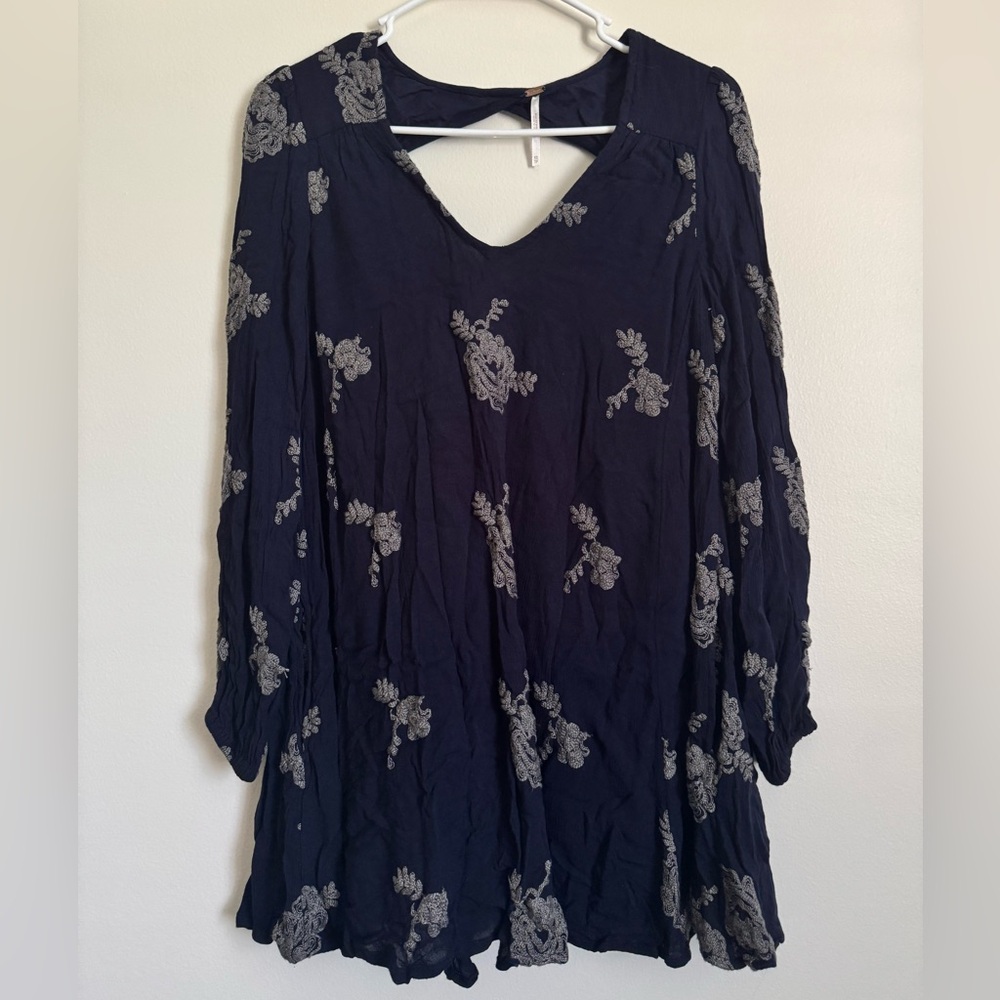 Navy Free People Floral Embroidered V-Neck Tunic